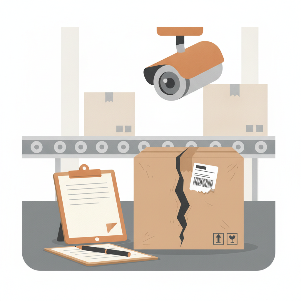 a warehouse receiving station with a camera capturing a damaged parcel label, clipboard and tablet nearby