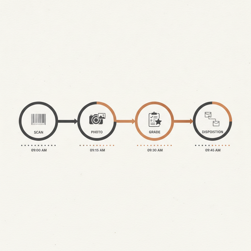 a timeline graphic showing a returned parcel moving through scan, photo, grade, and disposition stages with timestamps