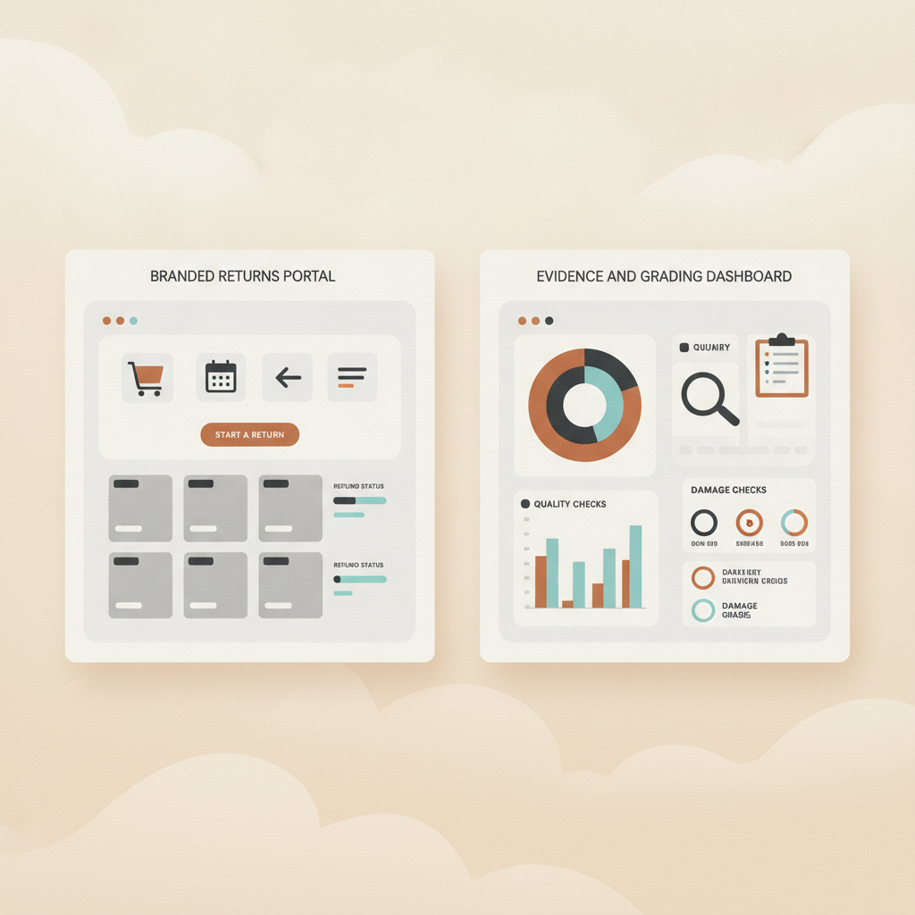 side-by-side mockup of a branded returns portal next to the underlying evidence and grading dashboard