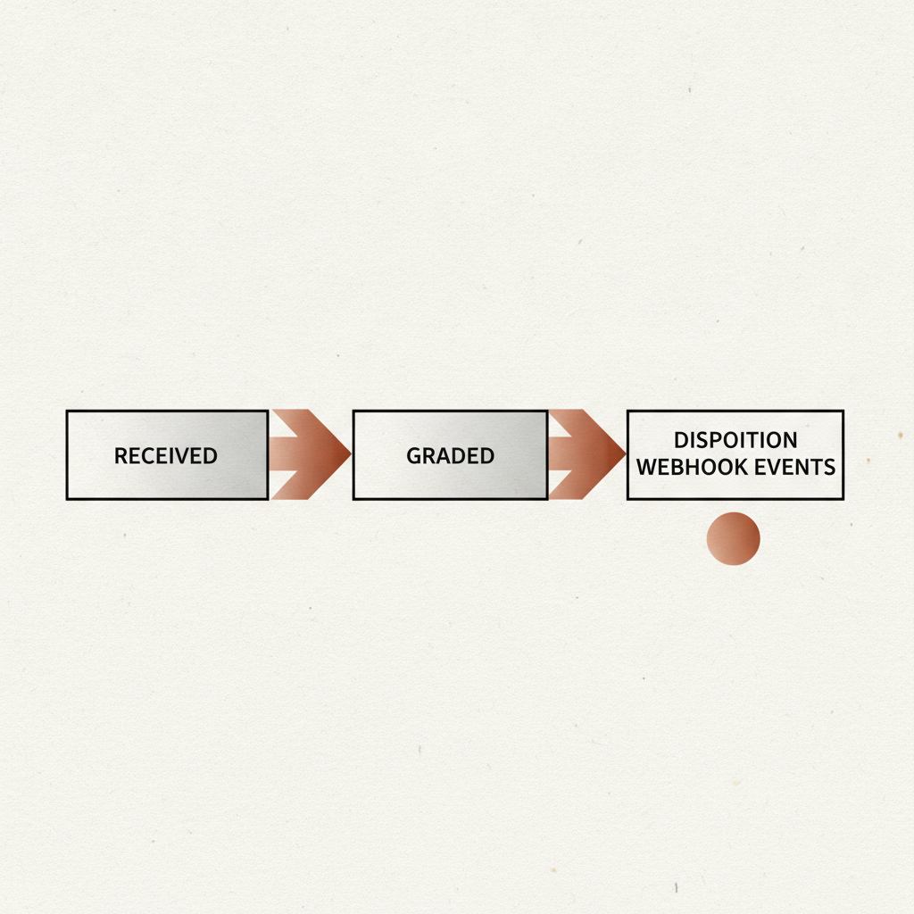 a simplified flow diagram showing a return moving through received, graded, and disposition webhook events