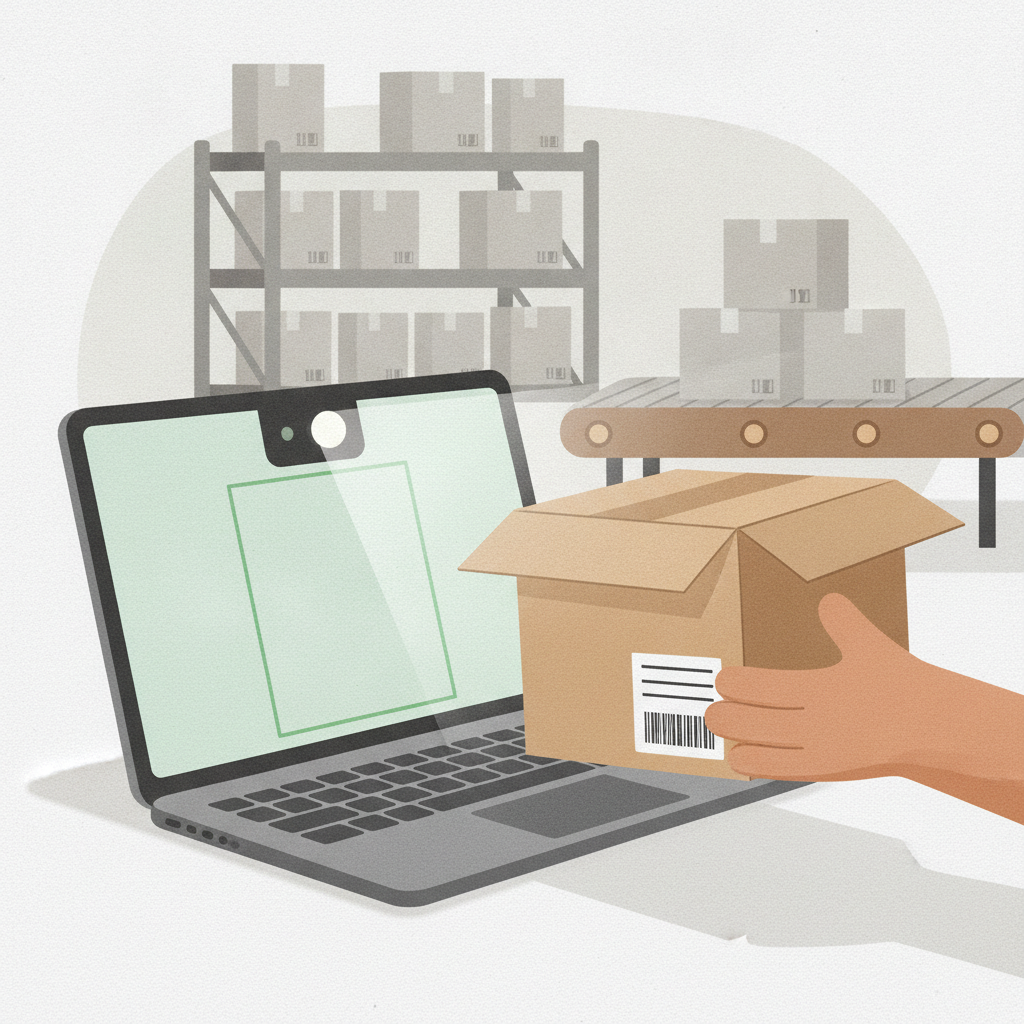 a laptop at a returns receiving station scanning a shipping label with its built-in camera, warehouse setting