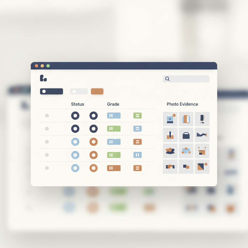 a clean dashboard screen showing a returns list with status, grade badges, and a thumbnail photo evidence column