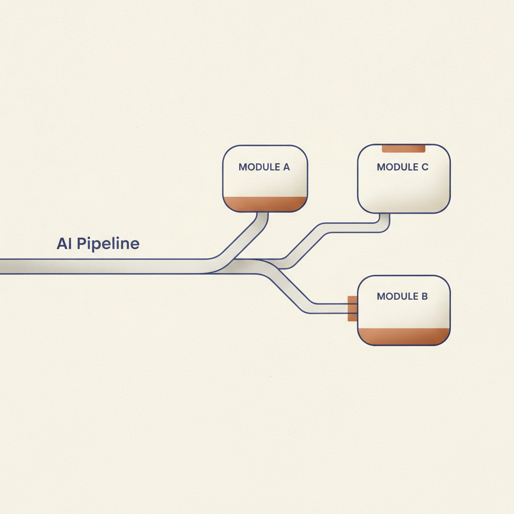a simple diagram showing one AI pipeline splitting into three separate labeled module boxes