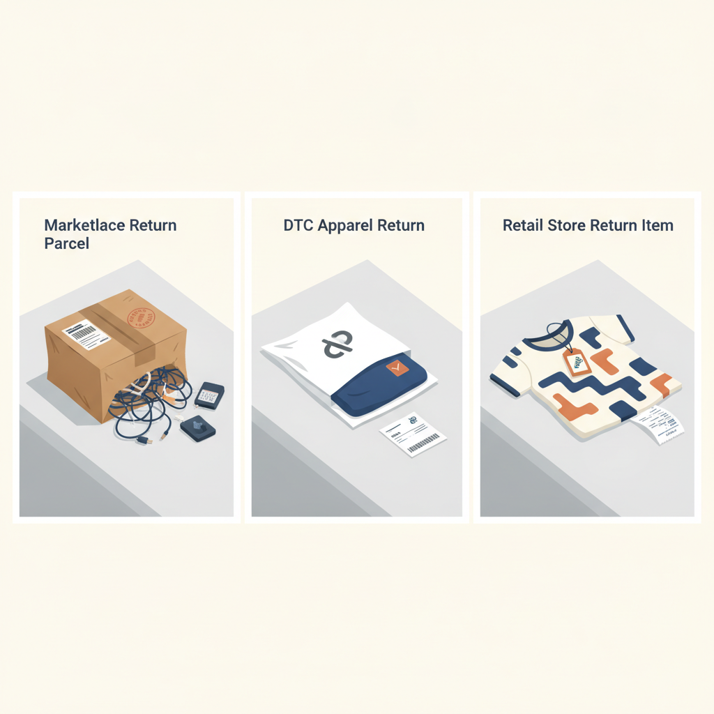side by side photos of a marketplace return parcel, a DTC apparel return, and a retail store return item on a grading table