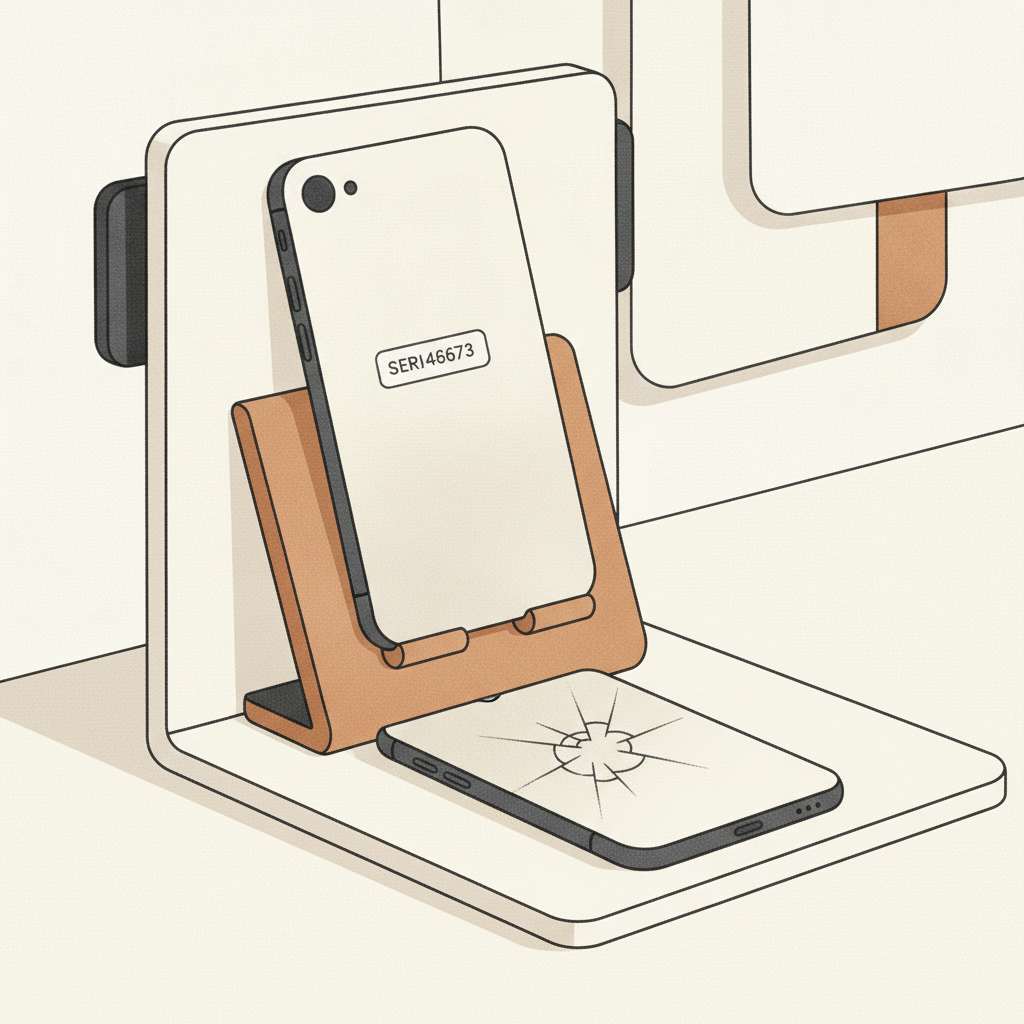 close-up photography station capturing a smartphone serial number and screen condition during returns receiving