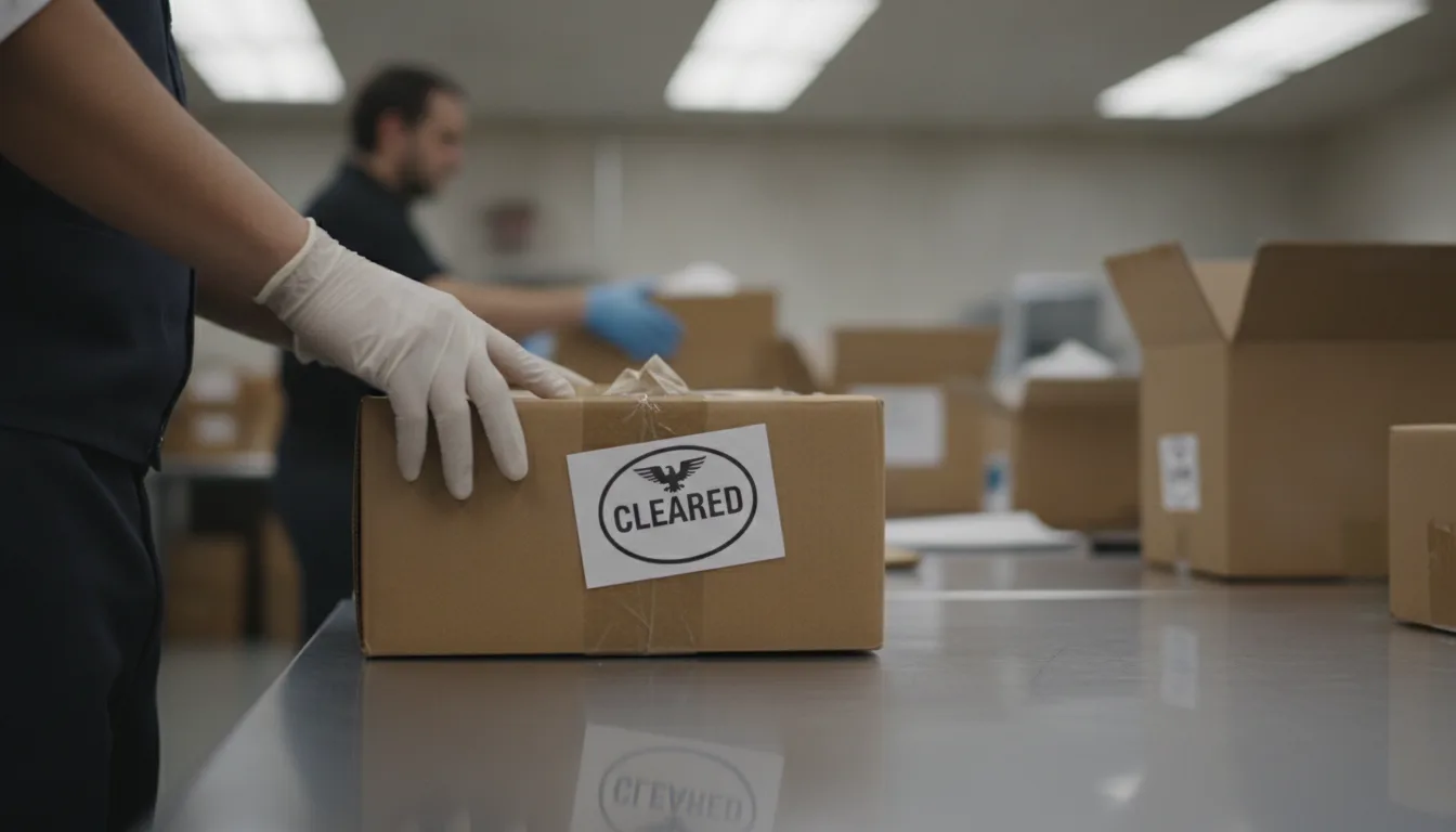 a cardboard parcel on a customs inspection table with a stamped clearance tag, neutral office lighting