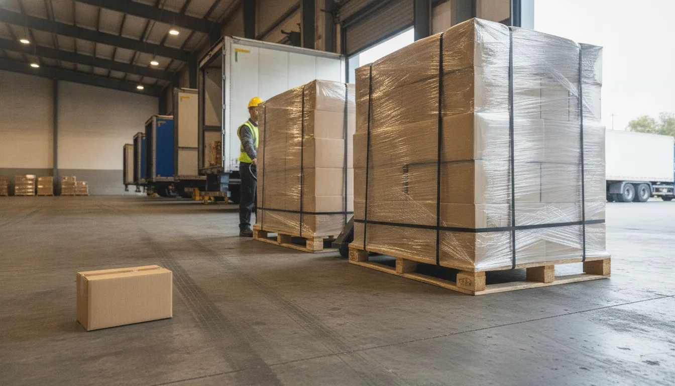 a single small parcel next to a loaded pallet on a warehouse loading dock, illustrating small-shipment versus bulk-shipment scale