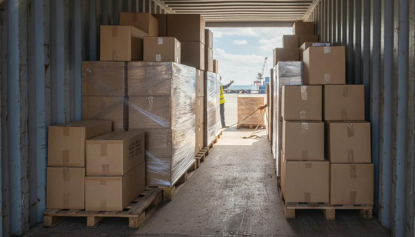 stacked cartons and pallets inside a shared shipping container at a port terminal, wide angle, daylight