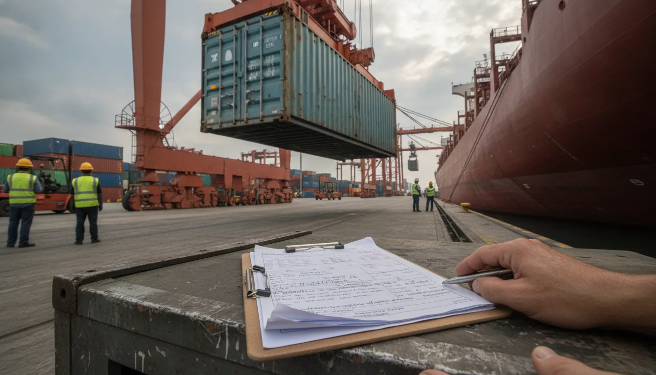 a shipping container being loaded at a port with a clipboard of customs paperwork in the foreground