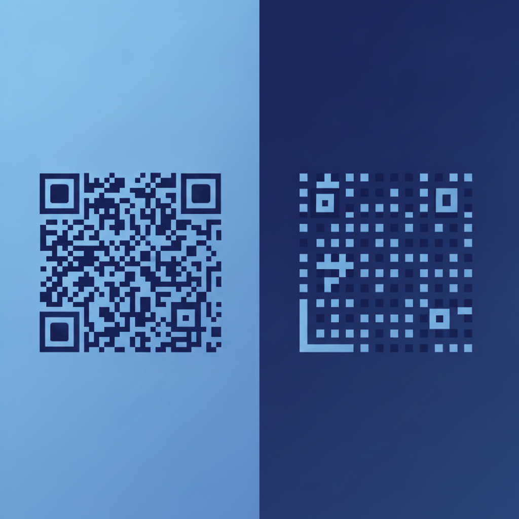 Side-by-side comparison of a QR Code and a Data Matrix barcode at equal physical sizes, showing finder patterns and module grids, no text overlay