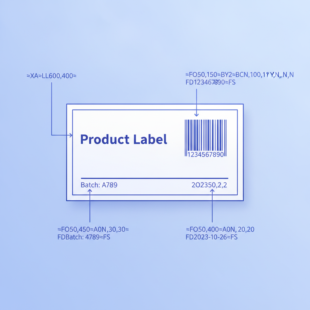 annotated diagram of a 4x6 ZPL II label showing where each command places its element (text, barcode, rule line), no text overlays on the label artwork itself