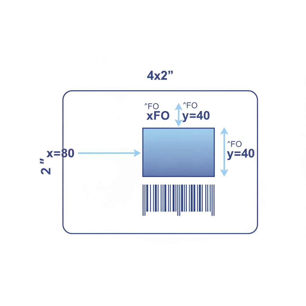 A 4x2 inch thermal label diagram showing two labeled arrows: one horizontal arrow from the left edge to a text field labeled "^FO x=80", and one vertical arrow from the top edge to the same field labeled "^FO y=40", with a barcode positioned below