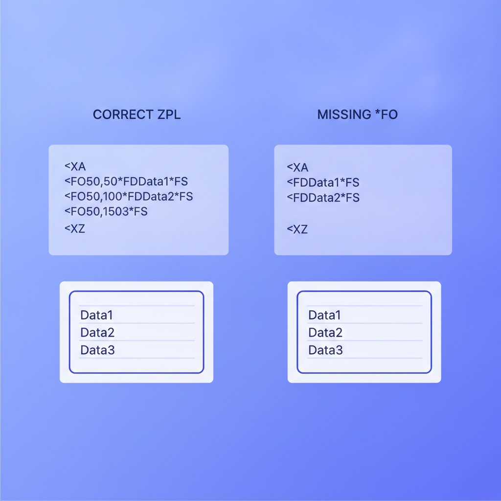 A side-by-side comparison of two ZPL code snippets and their rendered label output, one with correct ^FO values producing well-spaced fields, and one with missing ^FO values causing all fields to stack at the top-left corner