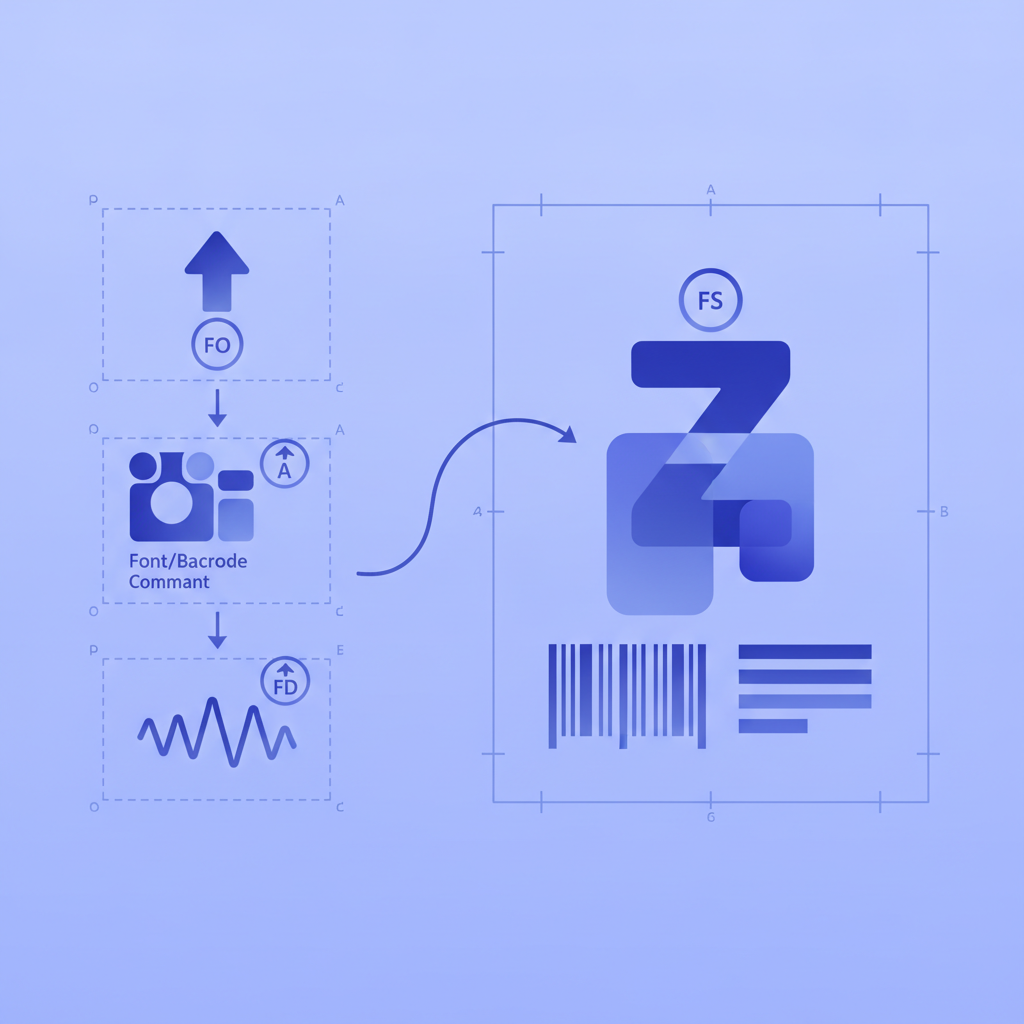 side-by-side ZPL label diagram showing the three-command flow from FO to font/barcode command to FD string to FS, with arrows and dot-grid coordinates annotated, no text in the image