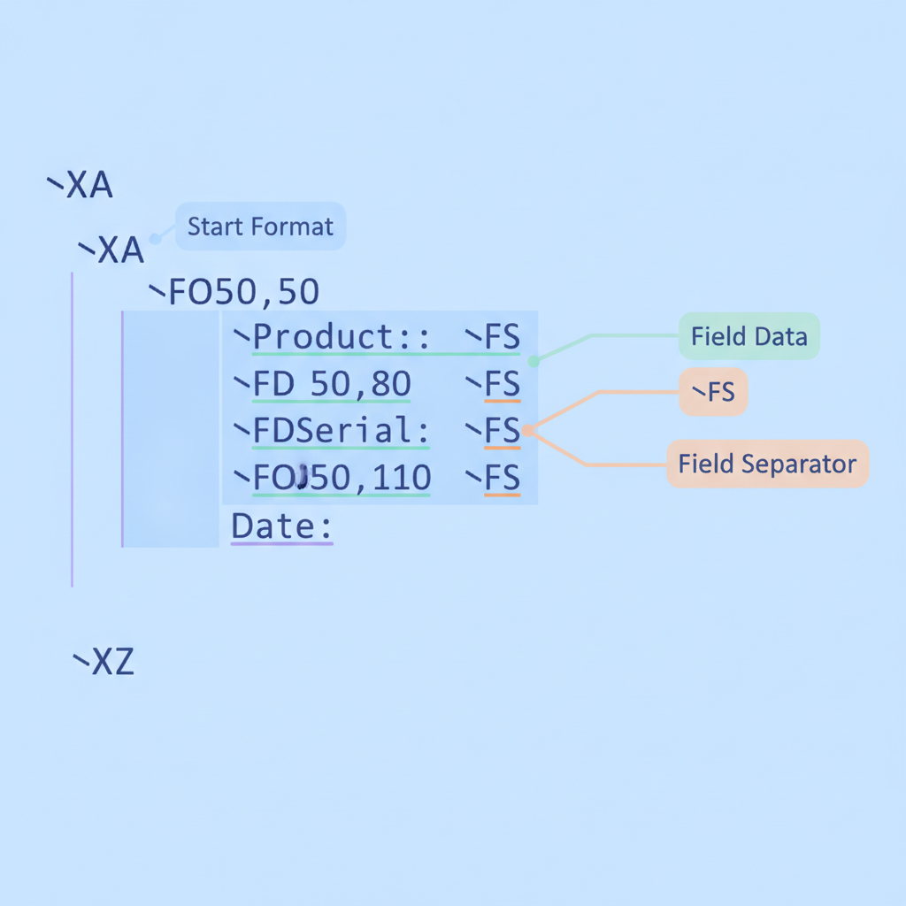 annotated ZPL code block showing a full label with three fields, each FD highlighted in one color and each FS highlighted in another, with callout labels identifying each command role, no text in the image