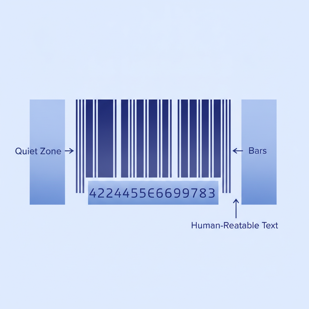 Annotated diagram of a Code 128 barcode showing quiet zones on left and right, bars, and human-readable text below, with no text inside the image