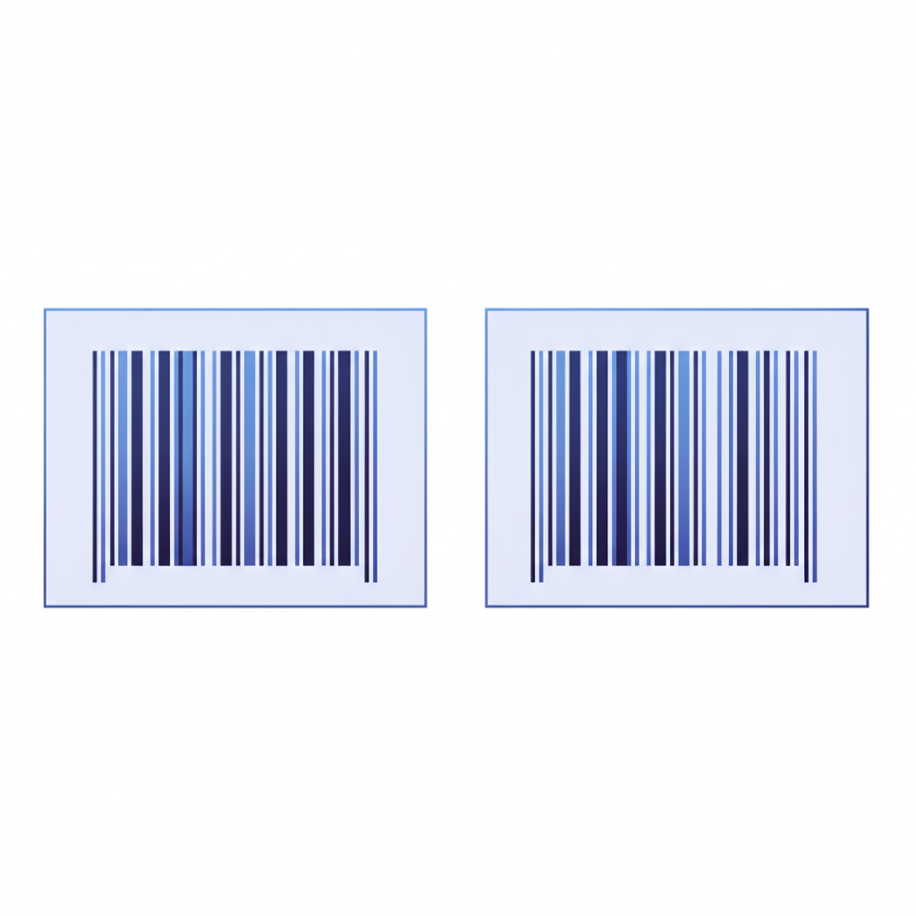 Side-by-side comparison of a correctly spaced Code 128 barcode with sufficient quiet zones versus one clipped at the label edge with no text in the image