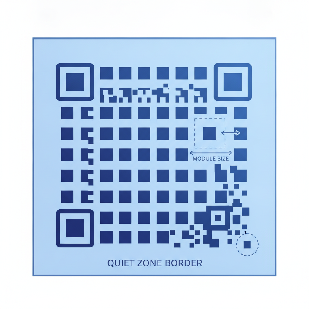 annotated diagram of a QR code showing module size, quiet zone border, finder patterns, and the label origin dot, no text in image