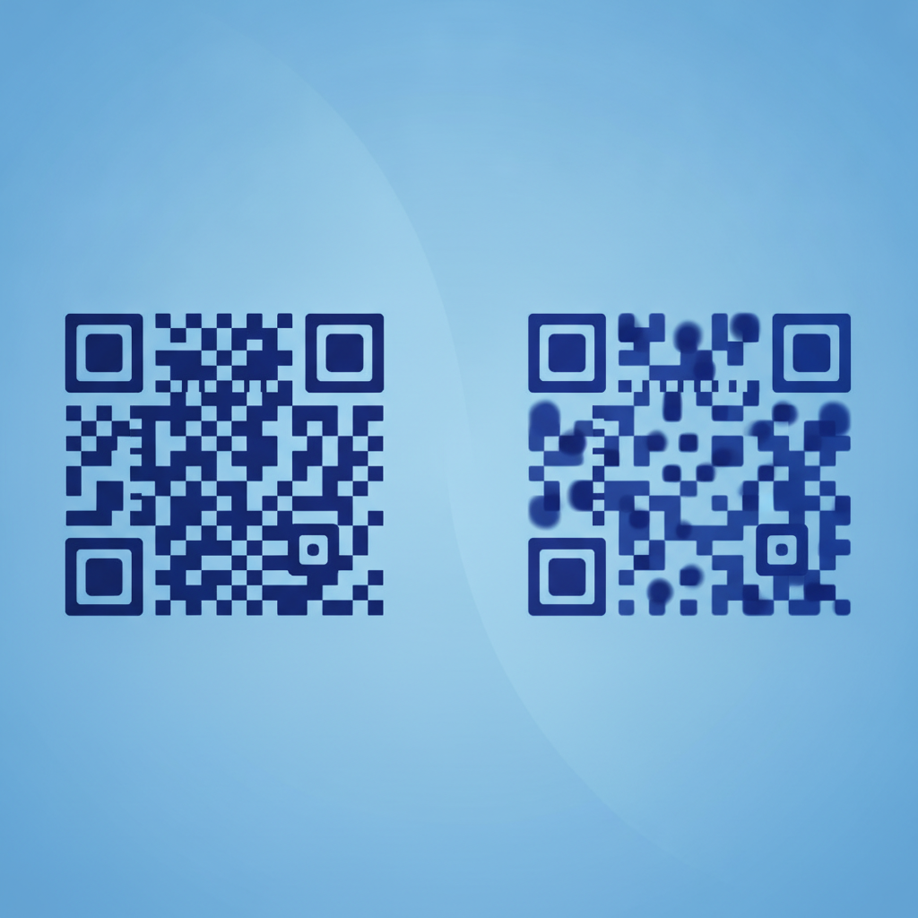 side-by-side comparison of a correctly sized QR code next to an under-magnified one showing blurry modules, no text in image