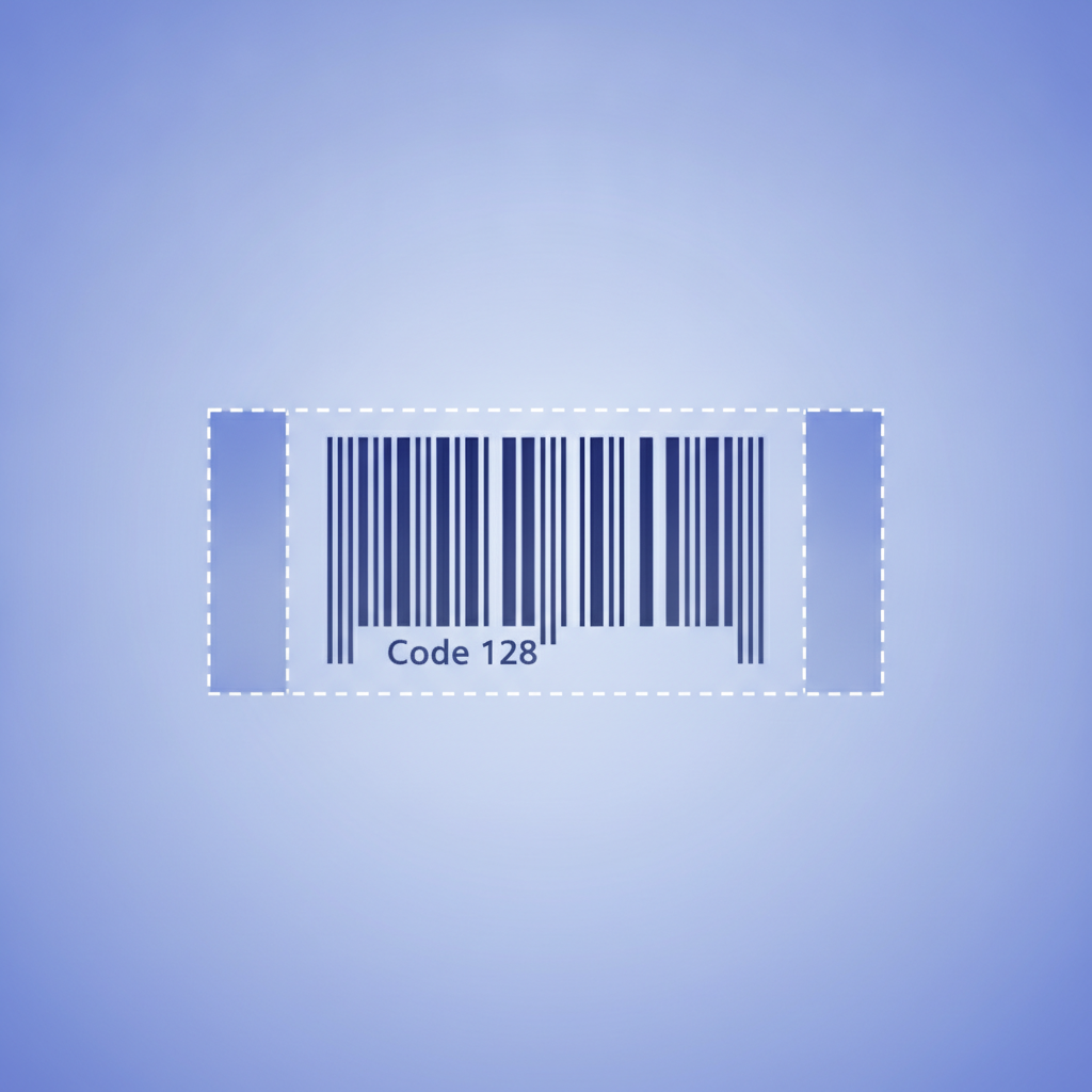 A diagram showing quiet zone margins labeled around a Code 128 barcode, illustrating the blank space requirement on each side, no text in the image itself