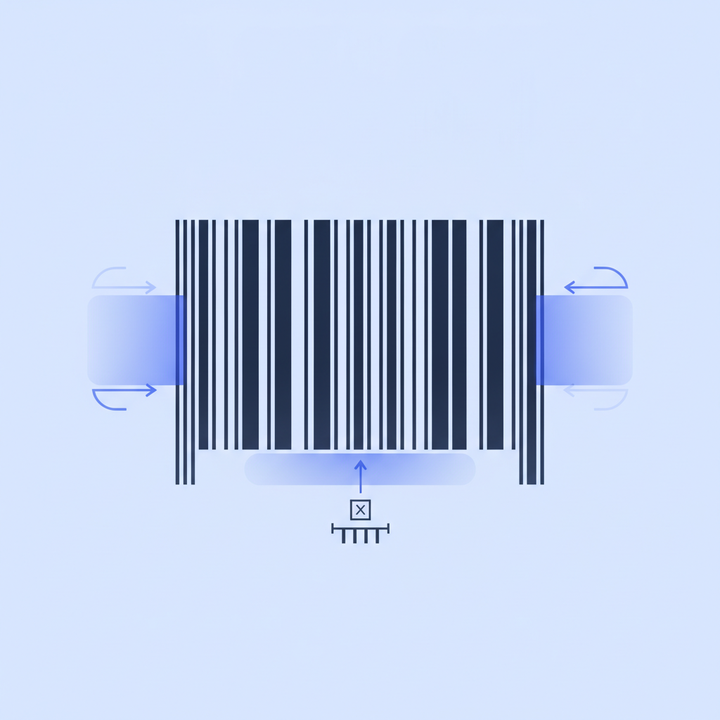 diagram showing a 1D barcode with labeled quiet zones, bar height minimum, and X-dimension annotation