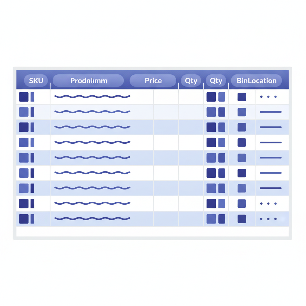 A clean Excel spreadsheet with labeled columns: SKU, ProductName, Price, Qty, BinLocation, showing 8 rows of sample product data