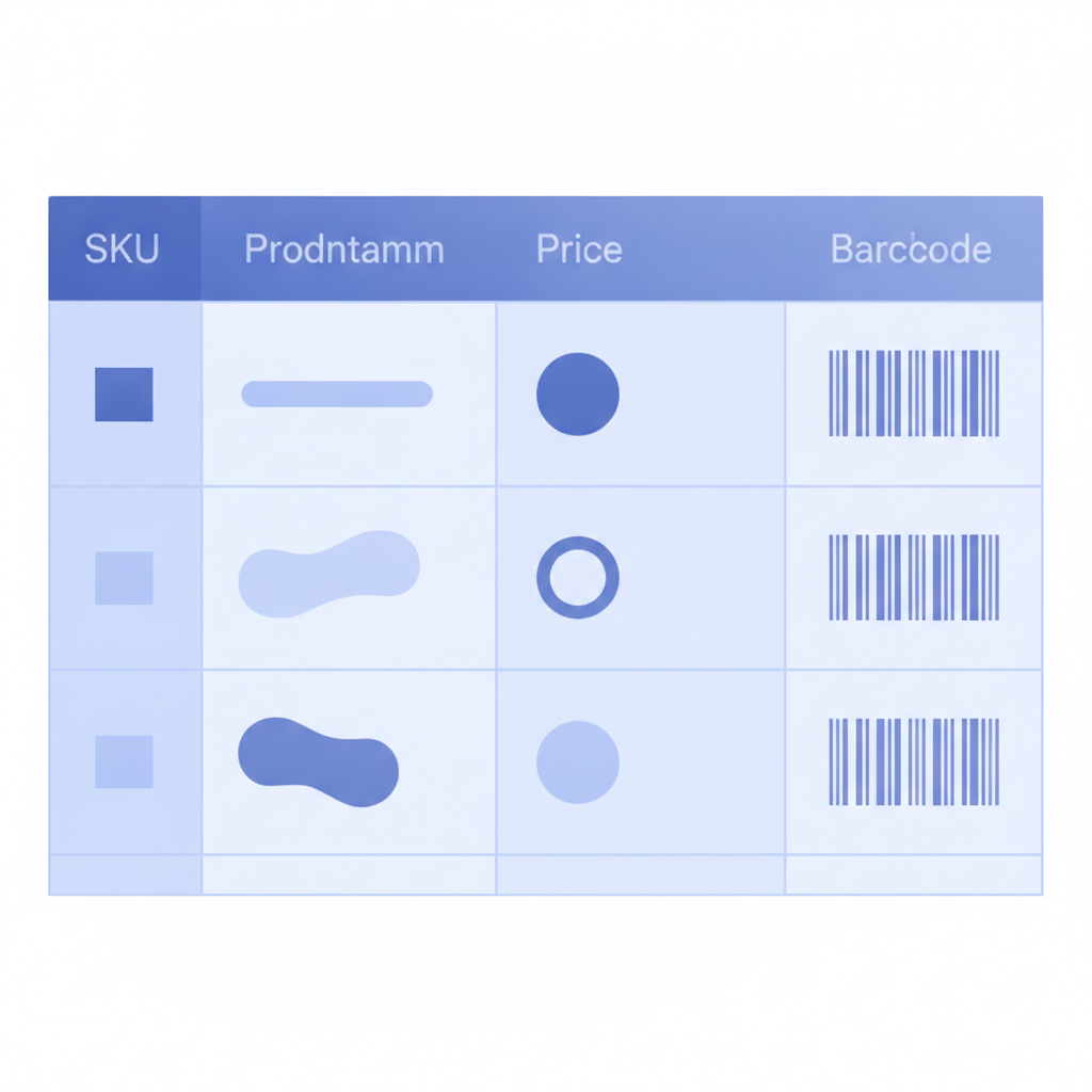 A Google Sheets spreadsheet with a clean header row containing columns SKU, ProductName, Price, and Barcode, with sample product rows below it
