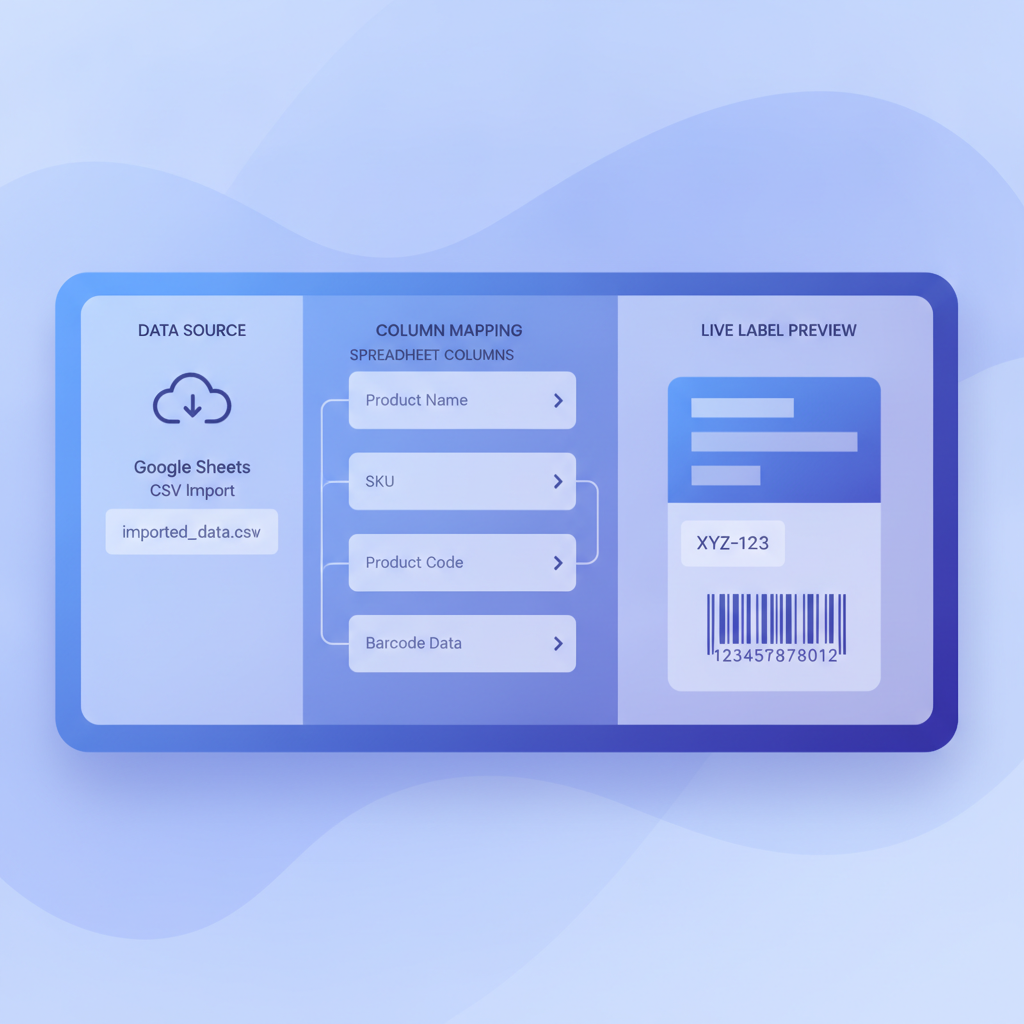 The Label Toolkit data merge panel showing a CSV imported from Google Sheets, column mapping dropdowns, and a live label preview with a barcode populated from the spreadsheet data