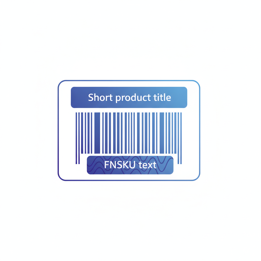 A clean 2x1 inch FNSKU label showing a Code 128 barcode, human-readable FNSKU text below it, and a short product title above, on a white background