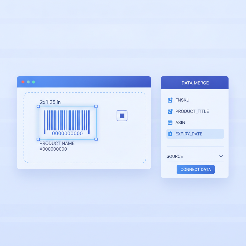 Screenshot-style illustration of the Label Toolkit designer canvas showing a 2x1.25 inch FNSKU label template with Code 128 barcode element selected and a data merge panel open on the right