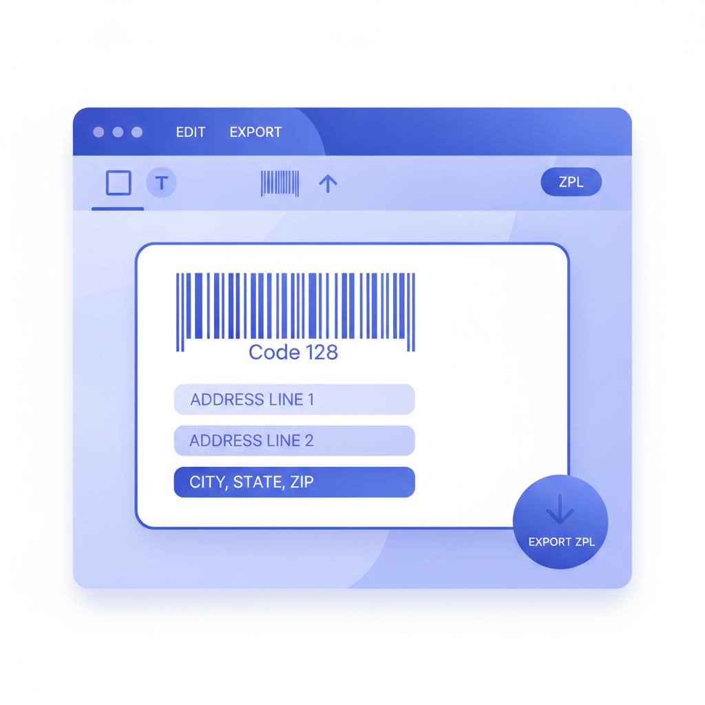 Label Toolkit browser designer showing a 4x6 shipping label with a Code 128 barcode and address text fields, ready for ZPL export