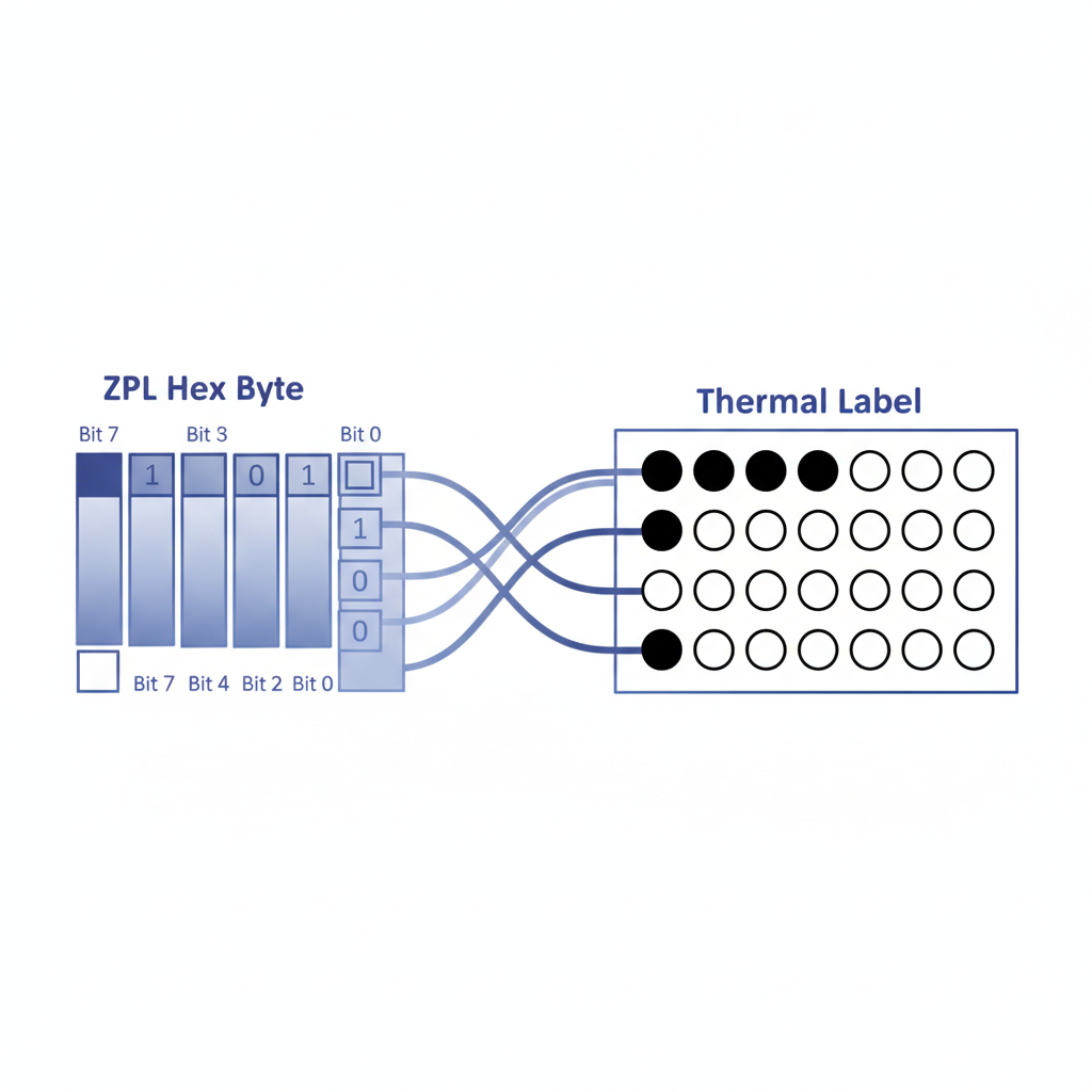 diagram showing how 8 bits in a ZPL hex byte map to 8 printed dots on a thermal label, black and white