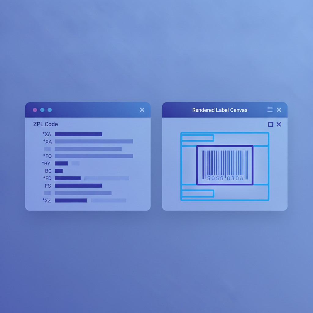 Side-by-side browser screenshot: left panel shows raw ZPL code, right panel shows rendered label canvas with barcode and text fields highlighted