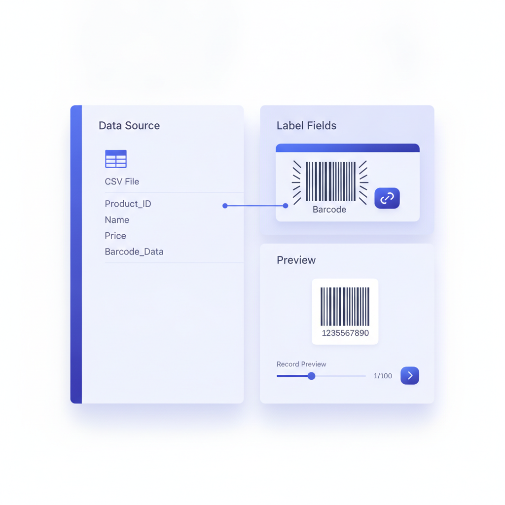 Screenshot of the Label Toolkit data merge panel showing a CSV column mapped to a barcode field, with a preview of the first merged label