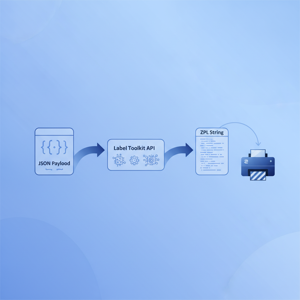 diagram showing JSON payload going into Label Toolkit API and ZPL string coming out, with an arrow pointing to a Zebra printer