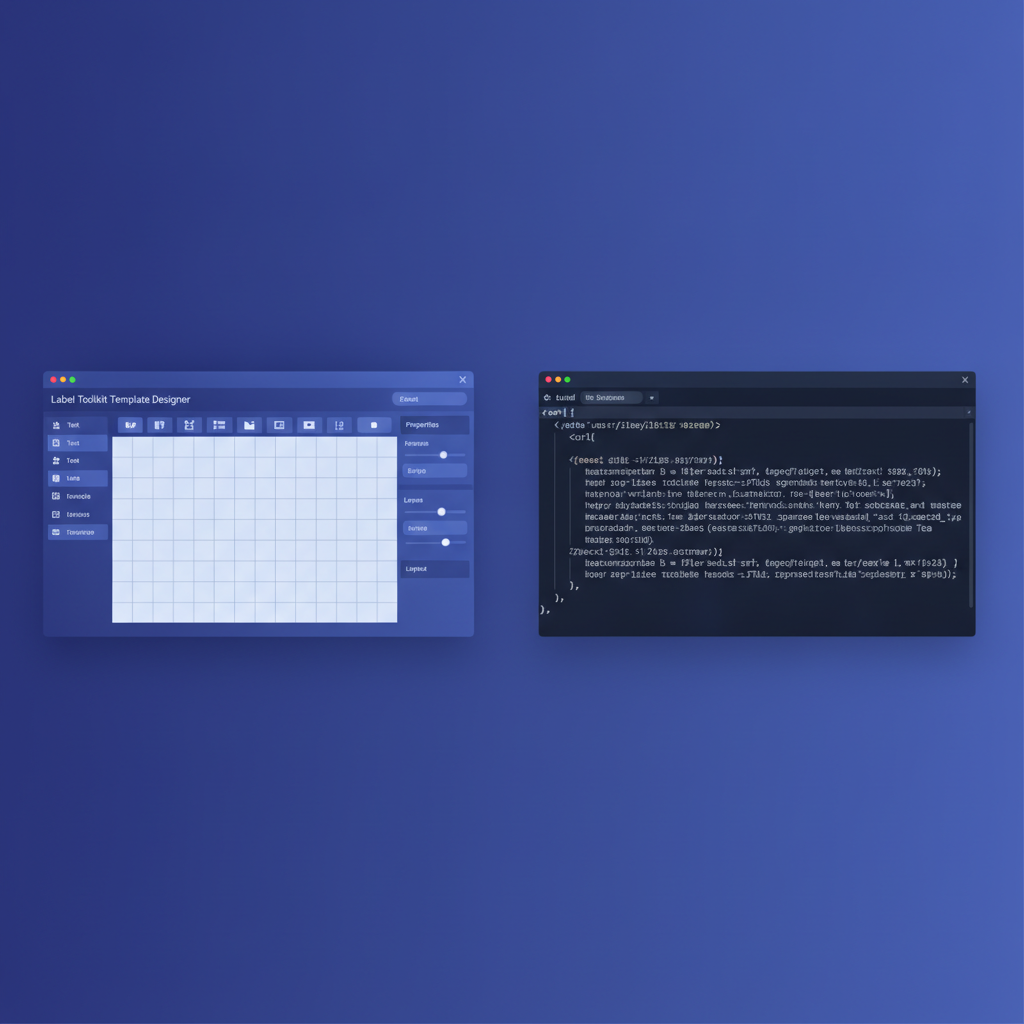 side-by-side screenshot of the Label Toolkit template designer on the left and a terminal showing a curl response with a ZPL string on the right