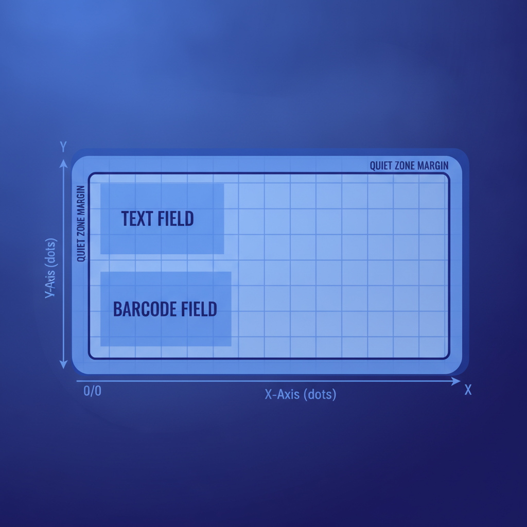 A diagram showing a 4x2 inch thermal label with annotated ZPL coordinate axes (dot units) and labeled regions for text field, barcode field, and quiet zone margin