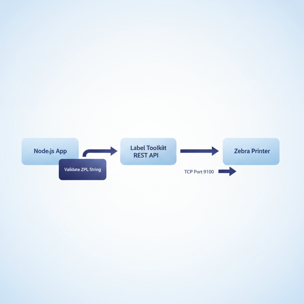 A flow diagram showing Node.js app calling Label Toolkit REST API, receiving a ZPL string, validating it, then sending over TCP to a Zebra printer on port 9100