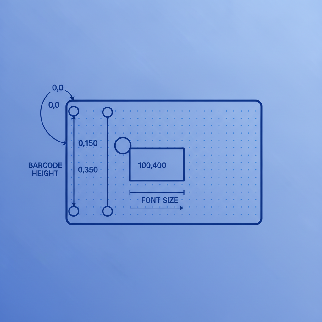 Annotated diagram of a 4x6 ZPL label showing dot coordinates for FO, barcode height, and font size at 203 DPI