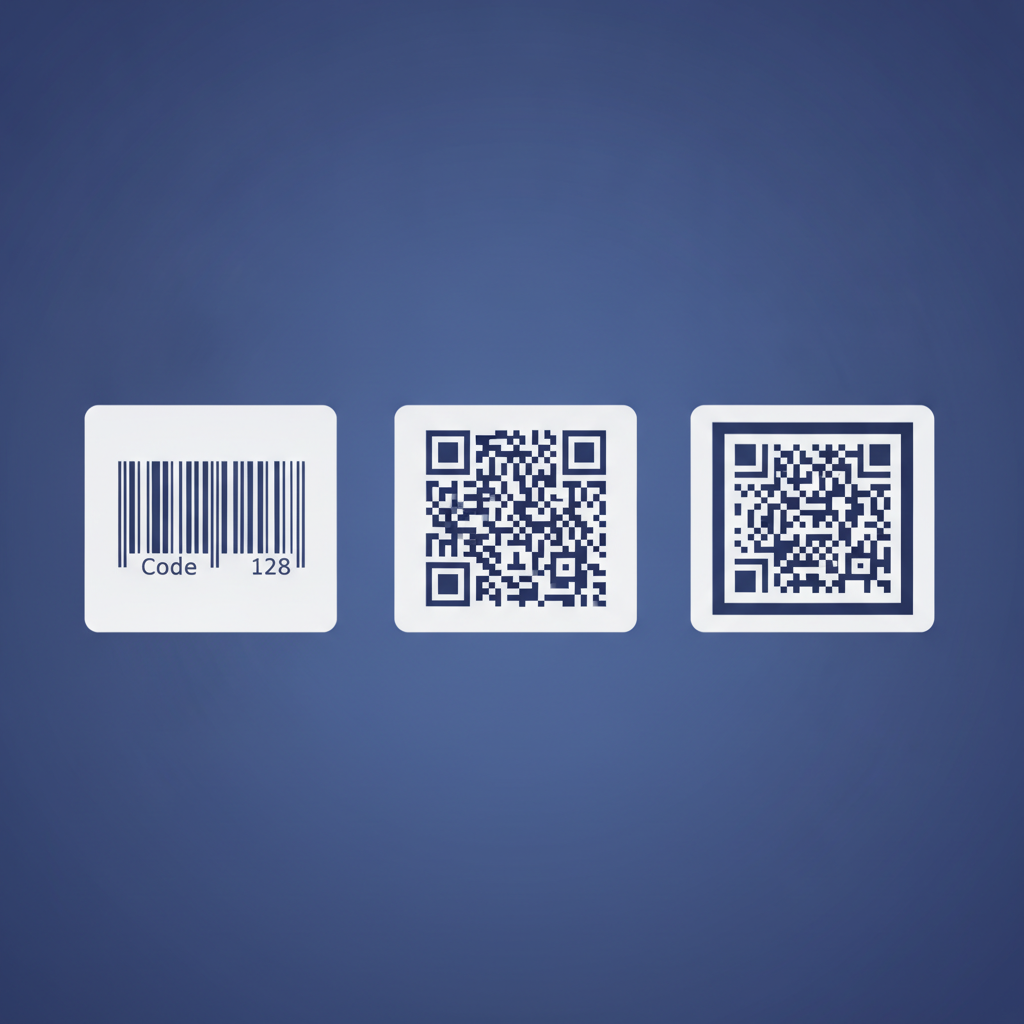 Side-by-side comparison of a Code 128, QR Code, and Data Matrix barcode as they appear on a 4x6 thermal label