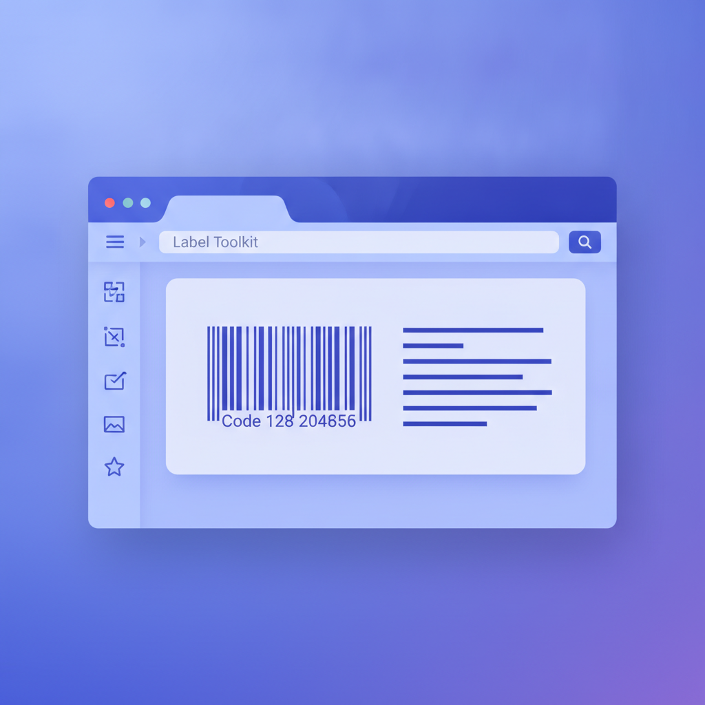 A browser window showing the Label Toolkit designer canvas with a 4x6 shipping label, a Code 128 barcode, and an address text block, no text overlay on the image itself