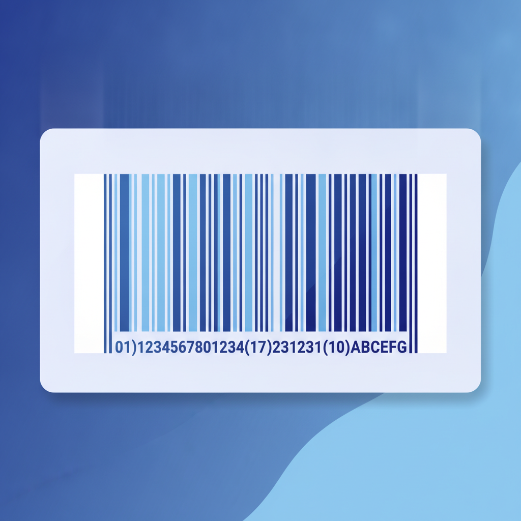 Close-up of a printed thermal label showing a GS1-128 barcode with visible quiet zones on both sides and a human-readable Application Identifier string below, no text overlay on image