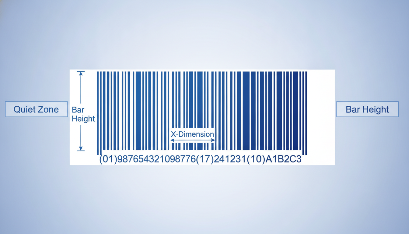 Annotated diagram of a GS1-128 barcode showing quiet zones on left and right, bar height, X-dimension arrow, and human-readable text below the bars