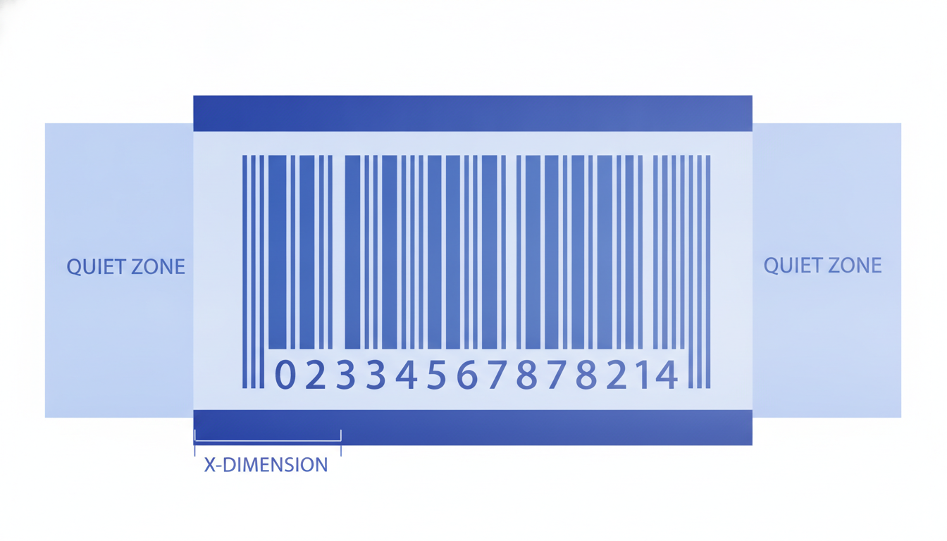diagram of ITF-14 barcode showing X-dimension, quiet zones on each side, bearer bars top and bottom, and human-readable digits below