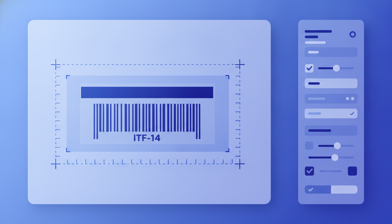 Label Toolkit designer canvas showing an ITF-14 barcode element with bearer bars enabled, ruler guides showing quiet zones, and properties panel open