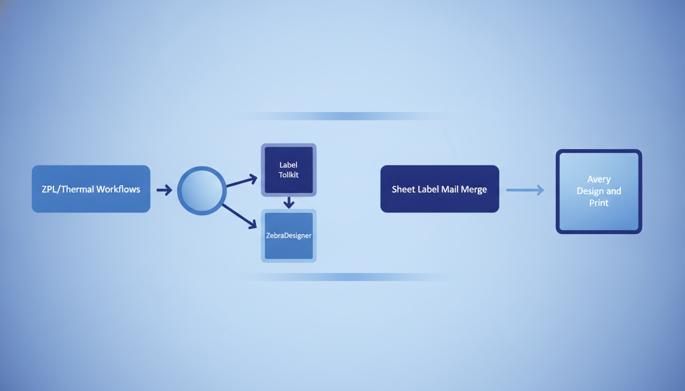 A side-by-side flow diagram showing two decision paths: one for ZPL/thermal workflows leading to Label Toolkit or ZebraDesigner, one for sheet label mail merge leading to Avery Design and Print