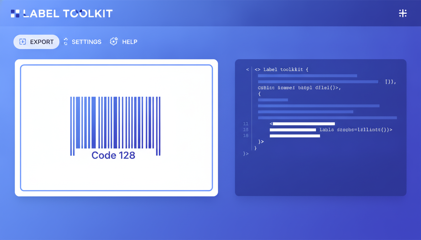 A screenshot mockup of the Label Toolkit ZPL export panel showing a live Code 128 barcode on a 4x6 inch label canvas with the ZPL code panel alongside it
