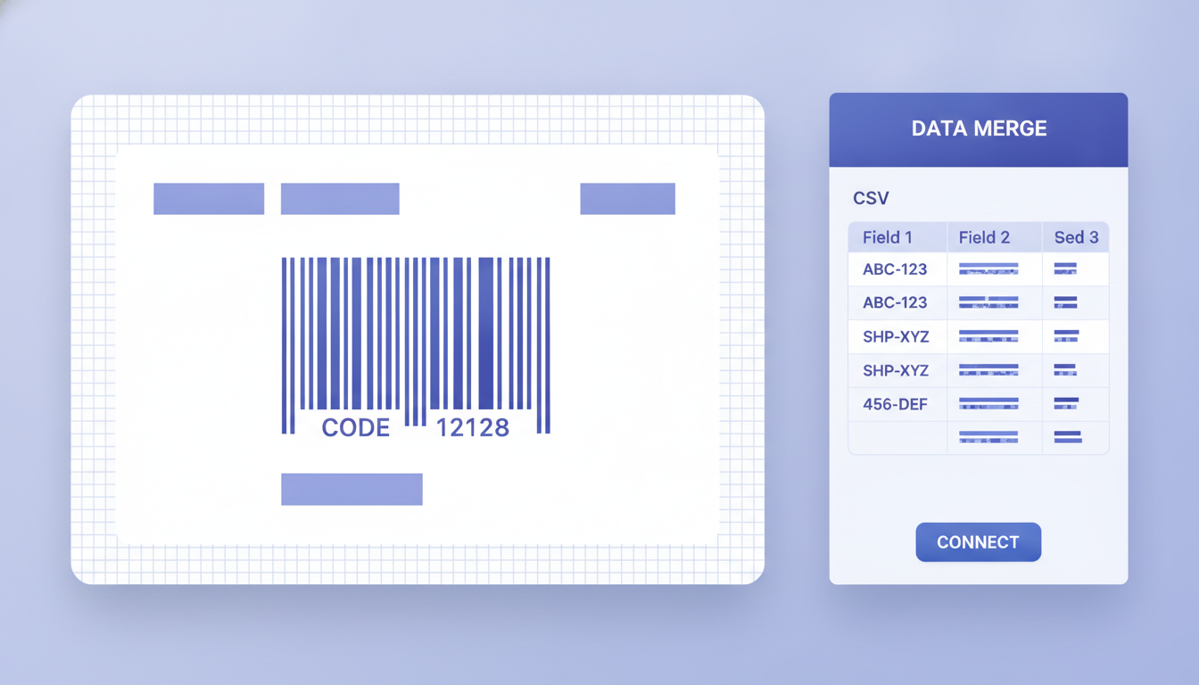 Screenshot of Label Toolkit canvas showing a Code 128 barcode on a 4x6 shipping label with data merge CSV panel open on the right