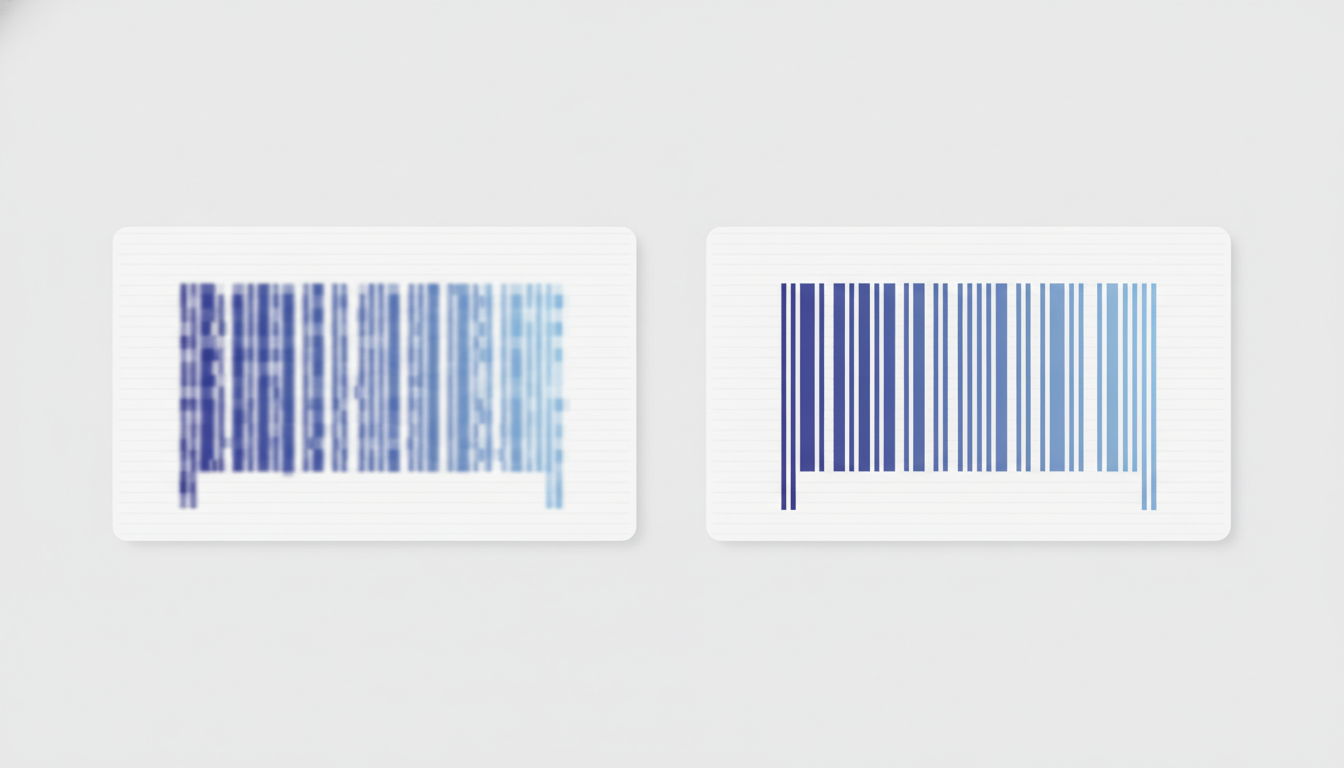 Side-by-side comparison of a blurry raster barcode at 72 DPI versus a crisp vector barcode, both printed on a 4x6 thermal label