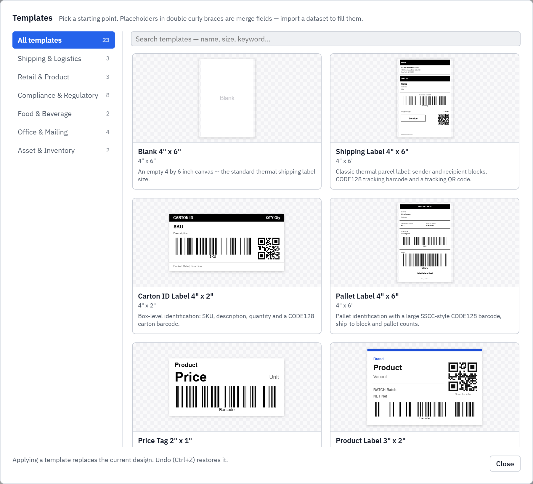 The Label Toolkit template gallery: a category sidebar, a search box and a grid of template cards showing shipping, carton, pallet, price tag and product labels with real barcodes and QR codes.